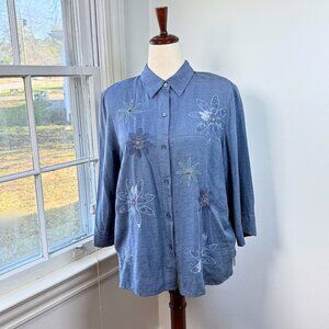 Alfred Dunner Blue Floral Button Down Silk Shirt Wood Beads 16 3/4 Sleeve Granny